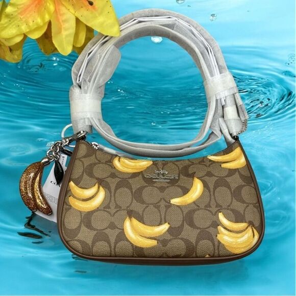 Teri Shoulder Bag In Signature Canvas With Banana Print & Charm Crossbody Purse - Picture 1 of 13